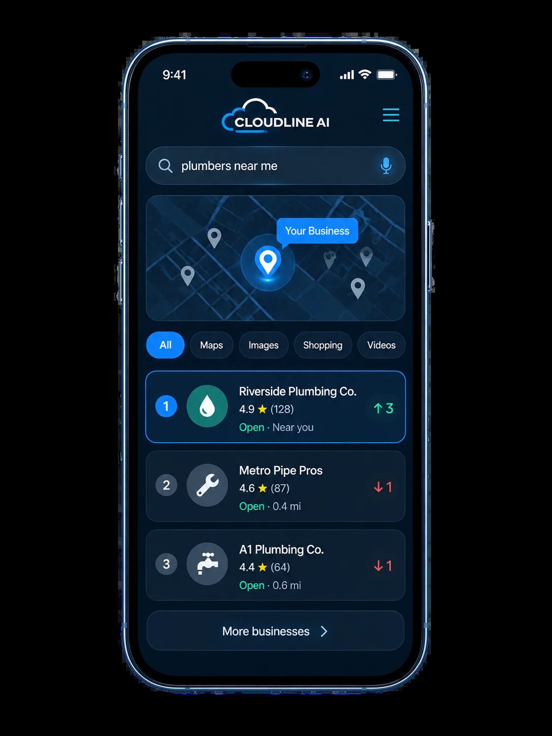 Illustrative local search results showing an example business listing on a smartphone